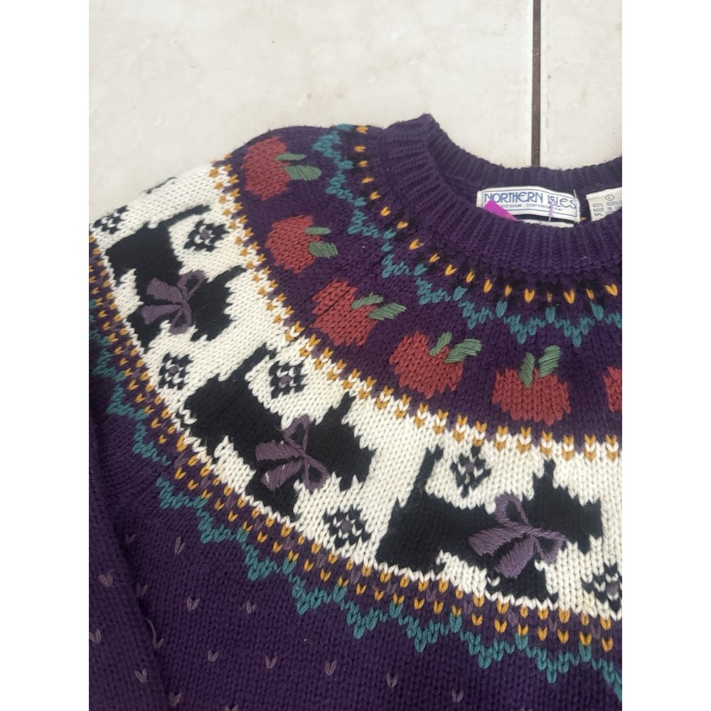 Vintage 90s Northern Isles Womens L Purple Scottie Dog Apple Fair Isle Sweater - Picture 3 of 16